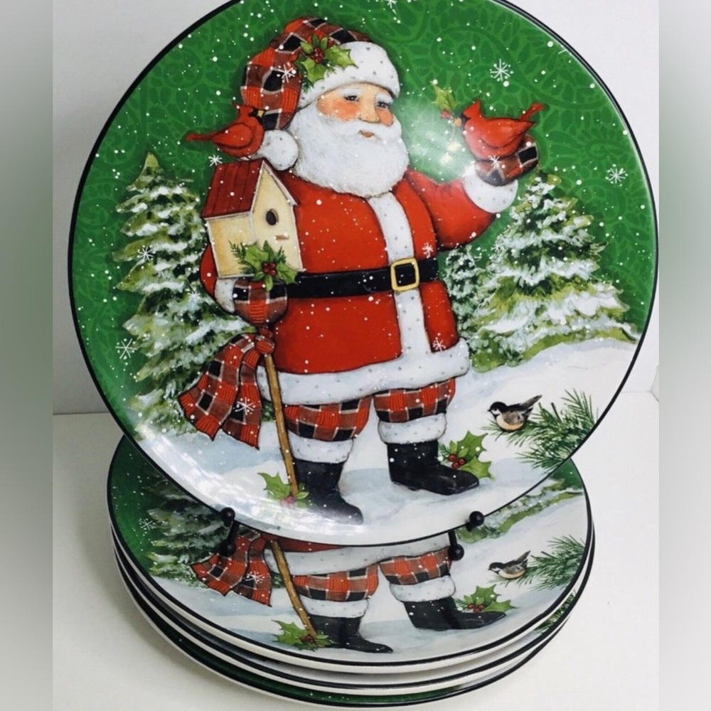 4 Dinner Plates Christmas Susan Winget 11.25" Santa Christmas New